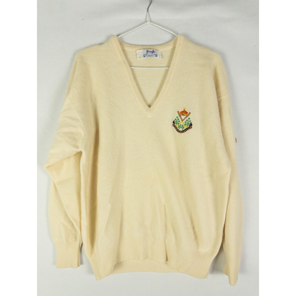 Vintage Pringle of Scotland Golf Sweater Cream V Neck Crest L (M)
